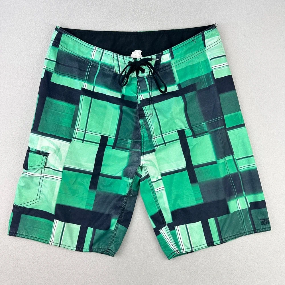Vintage Ripcurl Boardshorts‎ Mens 36 Green Y2K Patchwork Graphic Surf Long Baggy